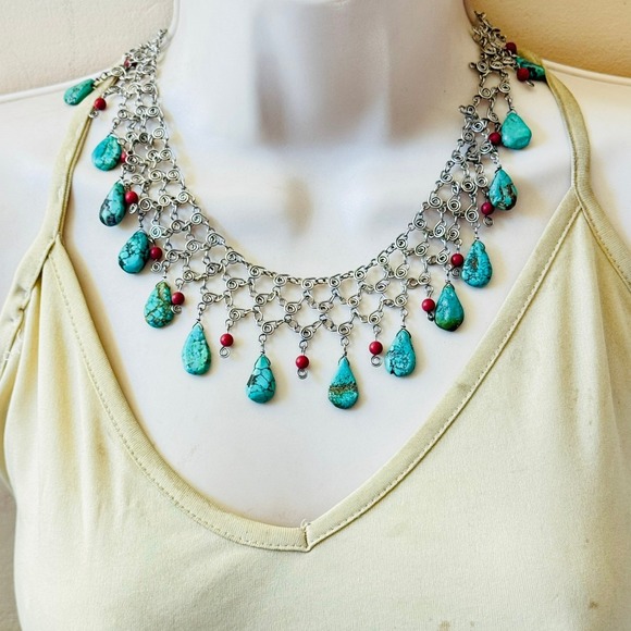 BOHO Turquoise Coral collar Necklace VtG Genuine Gemstone stone Natural 16" Y2k - Picture 2 of 7